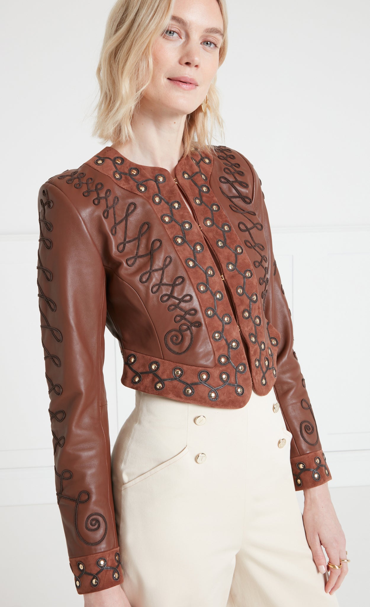 Temperley London Pablo kurtka skórzana haftowana Tan