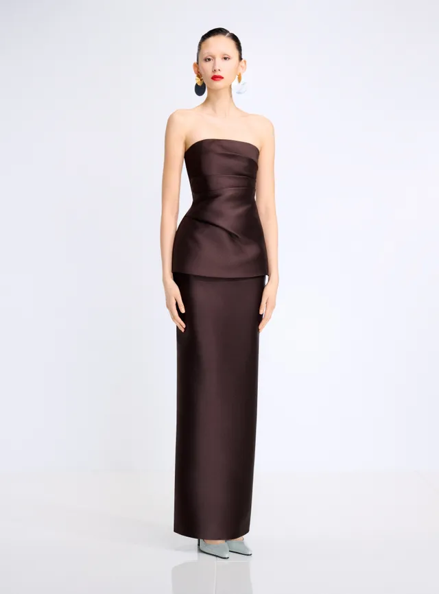 Solace London Lucille sukienka maxi brązowa strapless