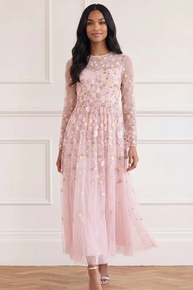 Needle & Thread Trailing Roses Long Sleeve Ankle Gown różowa
