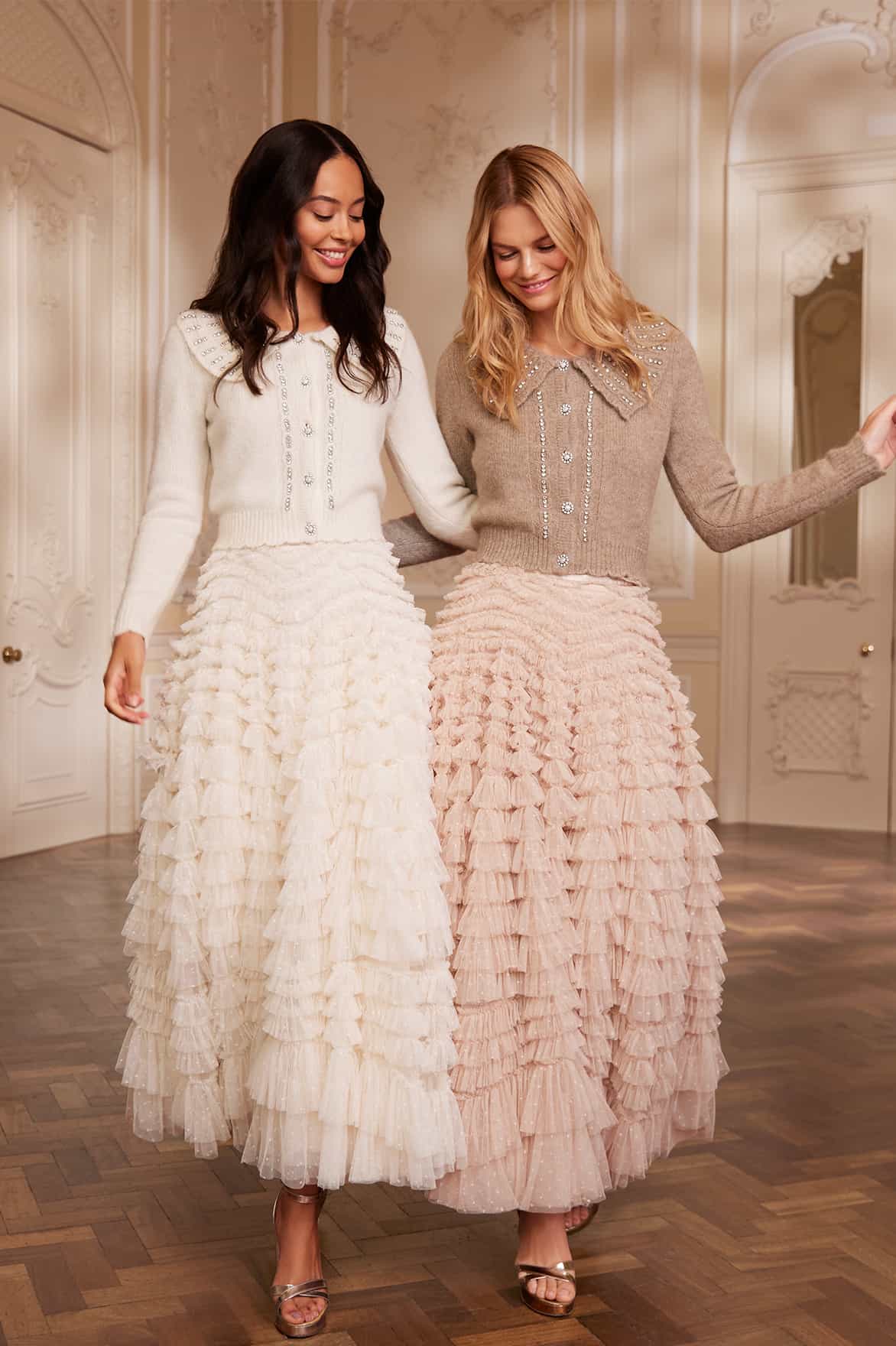 Needle & Thread Hattie Ruffle Ankle Skirt spódnica beżowa tiul