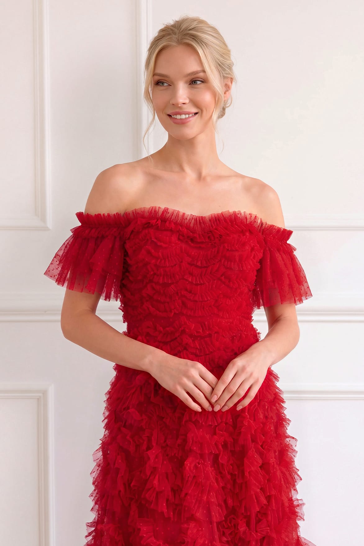 Needle & Thread Thalia Off-Shoulder Gown sukienka czerwona