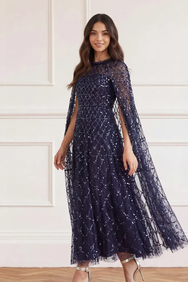 Needle & Thread Heart Lattice Ankle Gown sukienka Blue cekinowa