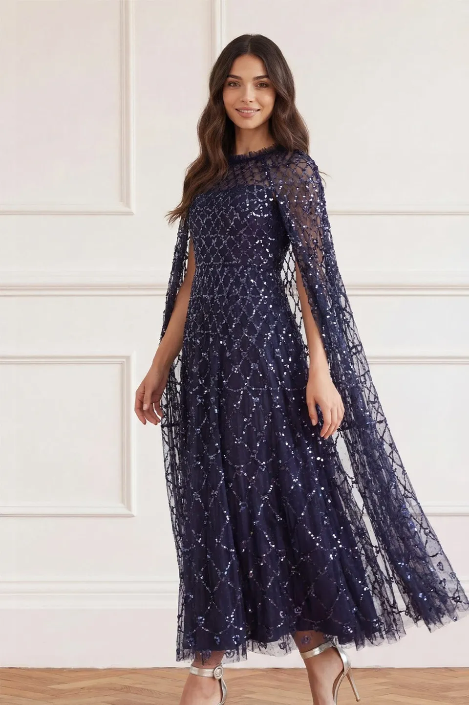 Needle & Thread Heart Lattice Ankle Gown sukienka Blue cekinowa