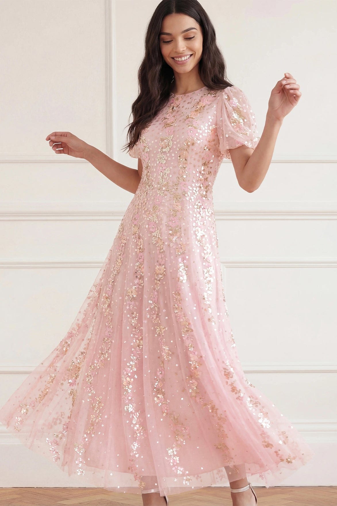 Needle & Thread Confetti Round Neck Ankle Gown sukienka różowa