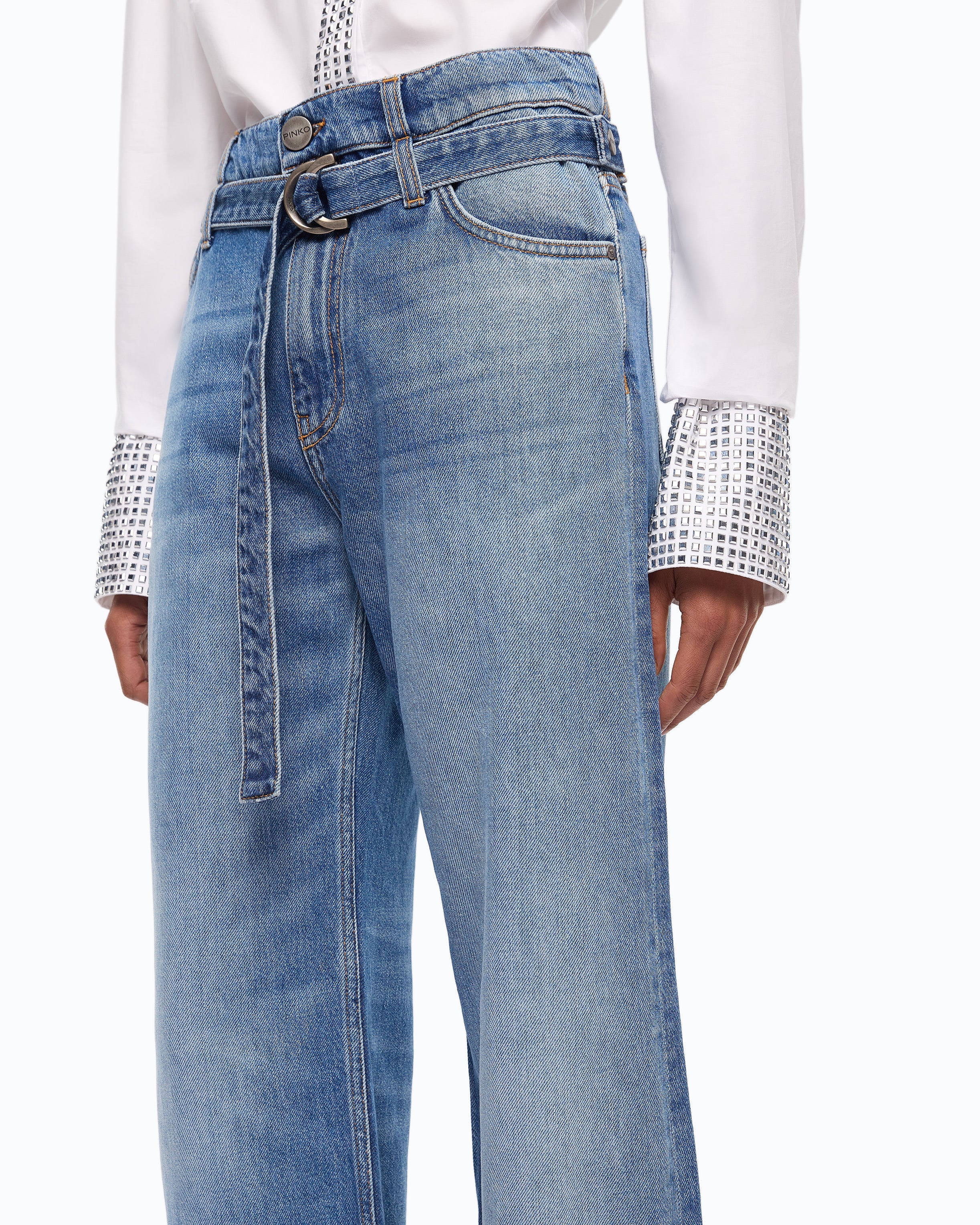 Pinko Cyntia jeansy cropped jasnoniebieskie z paskiem