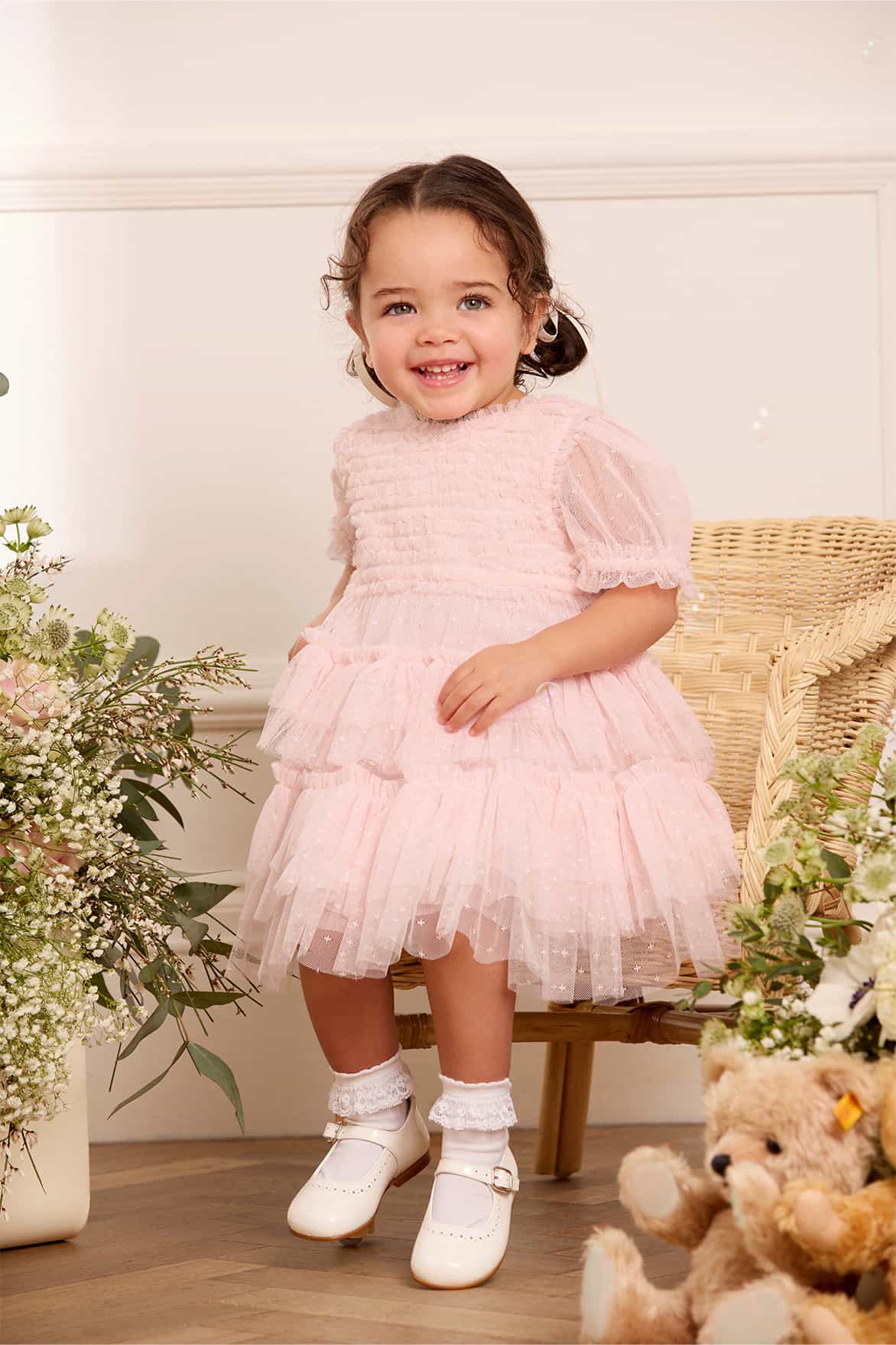 Needle & Thread Ruffle Frill Baby sukienka niemowlęca Pink z bloomersami