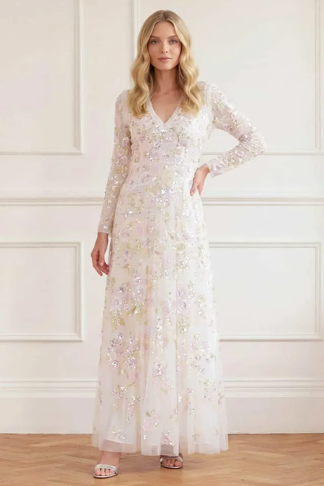 Needle & Thread Sequin Paradise V-Neck Gown suknia White