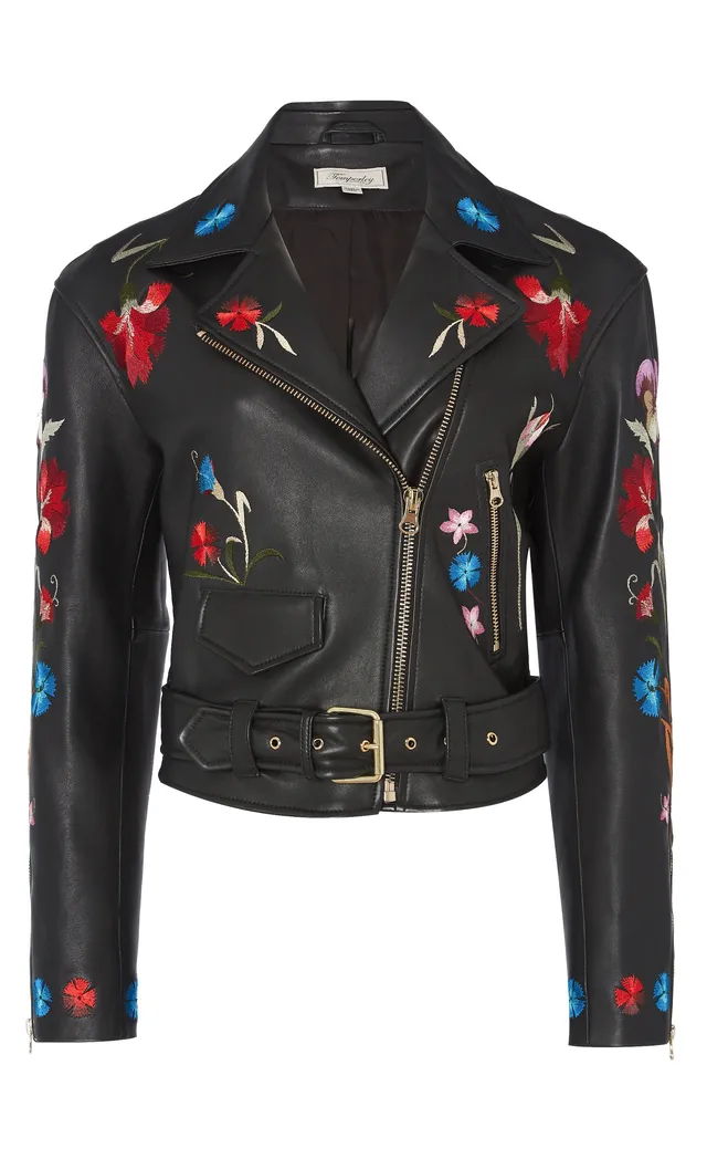 Temperley London Toledo kurtka Black skórzana haftowana