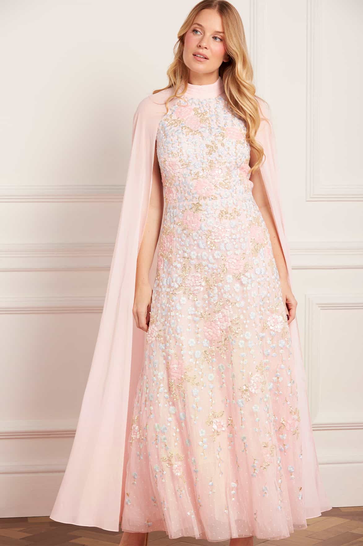 Needle & Thread Cressida Floral Cape sukienka midi pink haftowana