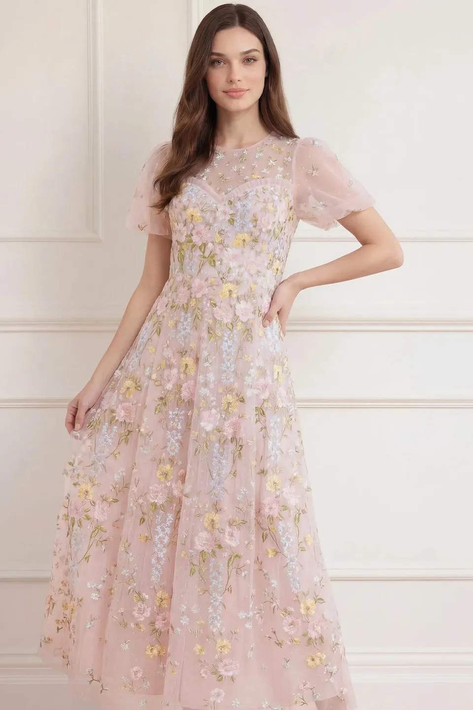 Needle & Thread Garden Rose Ankle Gown sukienka różowa haftowana