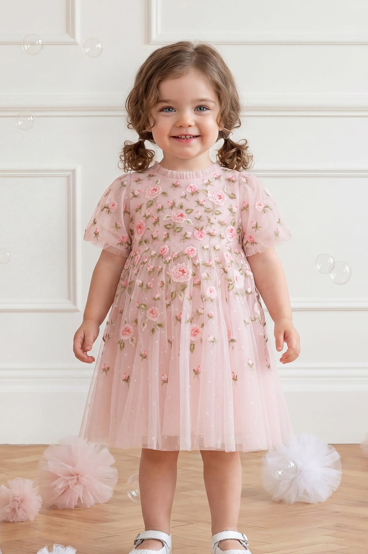 Needle & Thread Rose Bloom Baby sukienka niemowlęca Pink haftowana