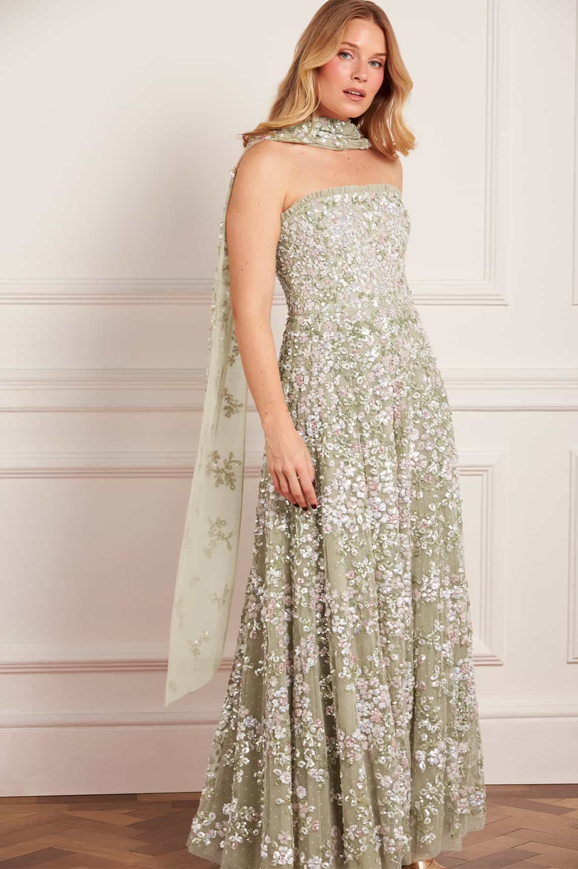 Needle & Thread Dream Garland Gown sukienka zielona bez ramiączek