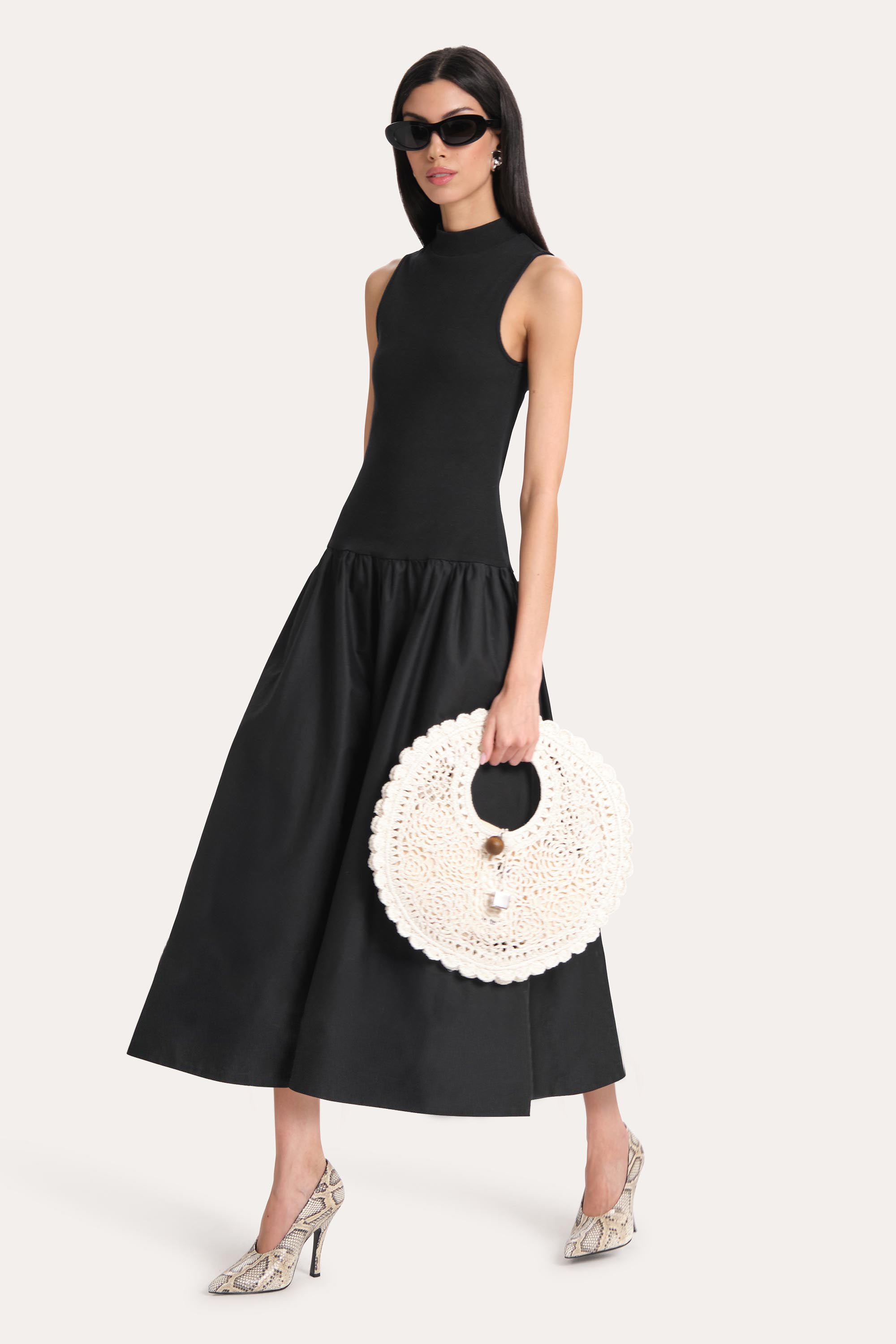 Elie Tahari Esme Cotton Poplin Ribbed sukienka wieczorowa midi czarna