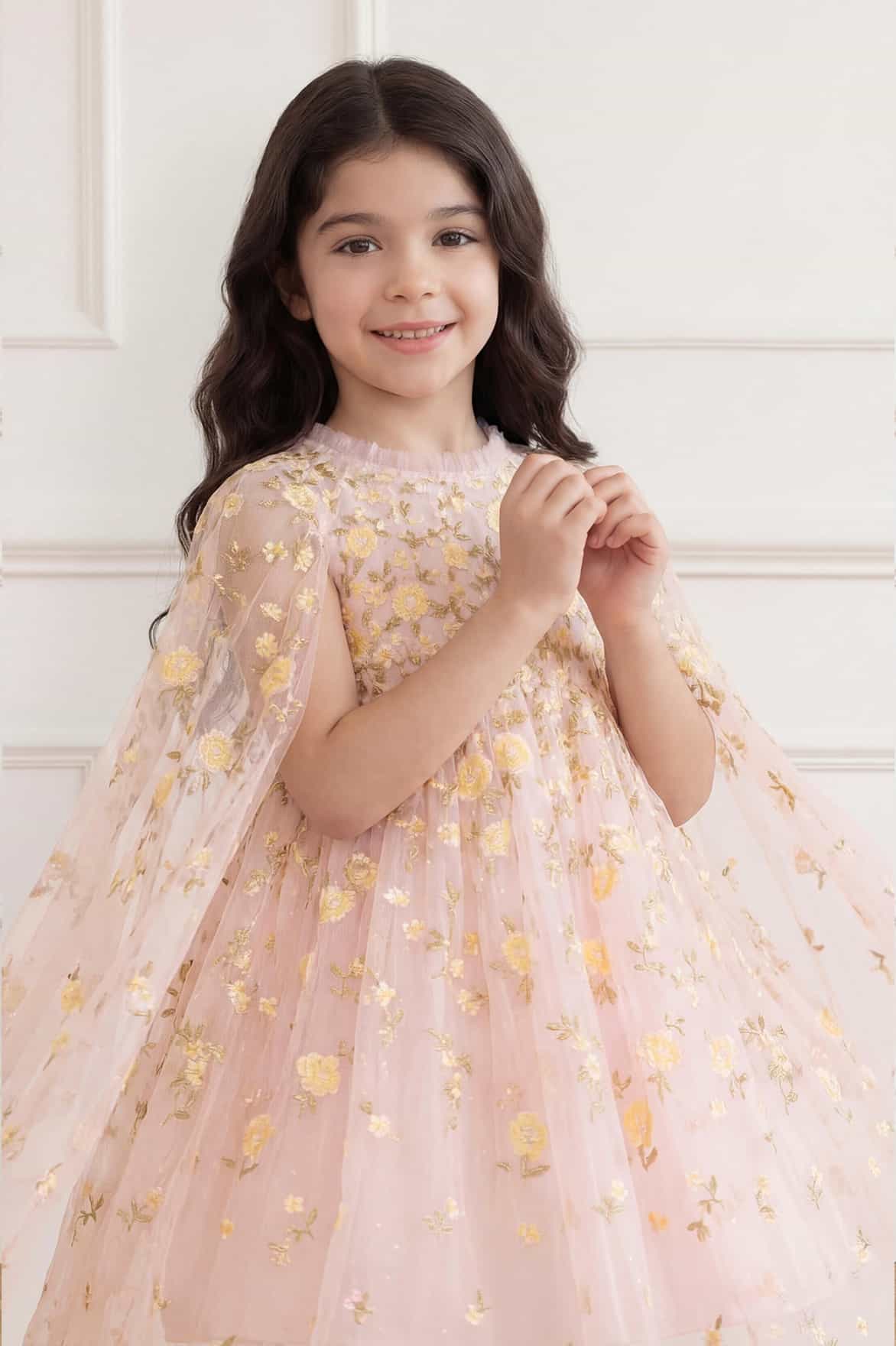Needle & Thread Lea Ditsy Cape Kids Dress sukienka różowa z peleryną