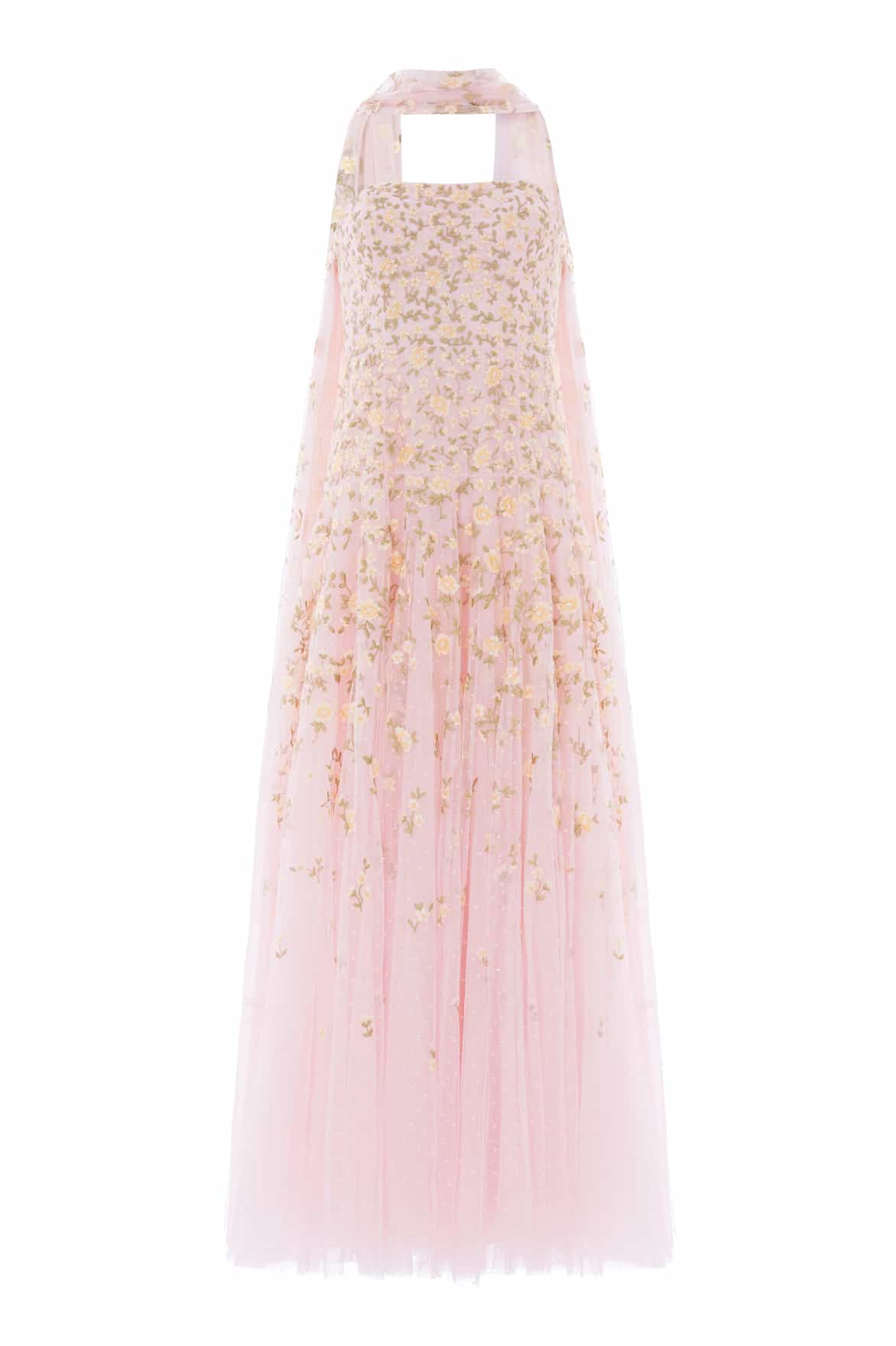 Needle & Thread Lea Ditsy Strapless Cape Gown sukienka różowa haft