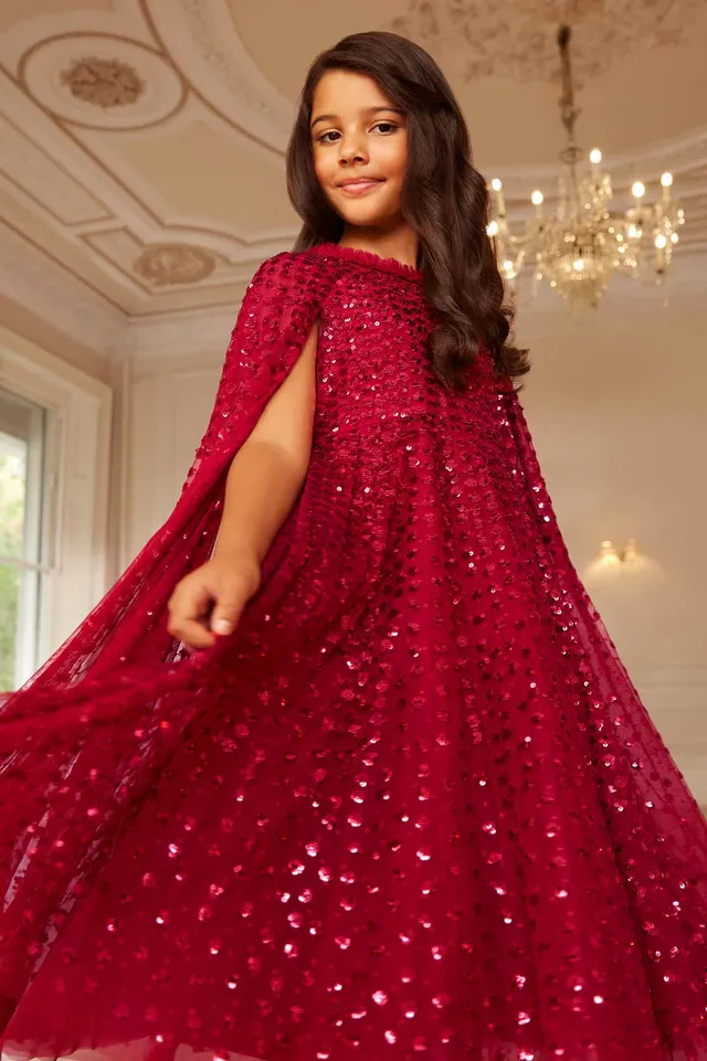Needle & Thread Raindrop Cape Kids Dress sukienka Red cekiny