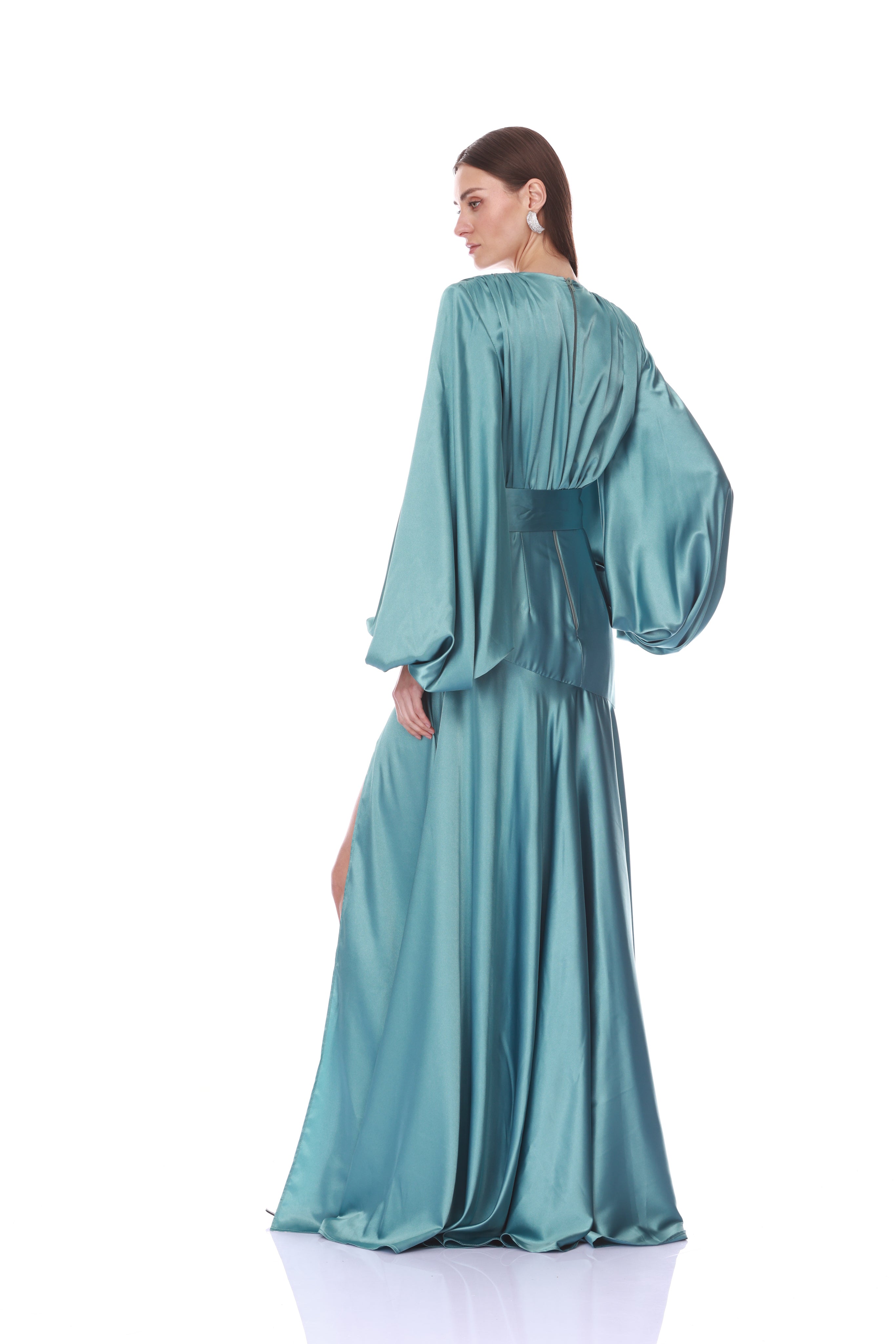 Bronx and Banco Long Sleeve V-Neck suknia turkusowa satyna