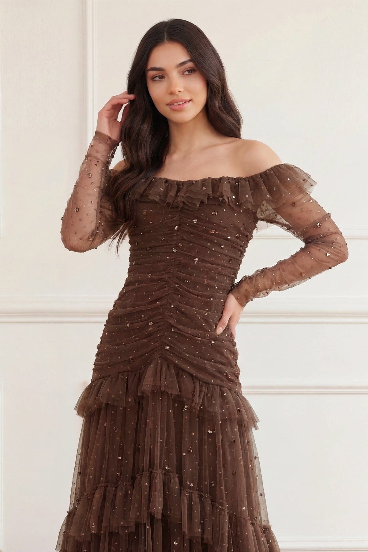 Needle & Thread Sequin Glimmer Rouched suknia brązowa gorsetowa