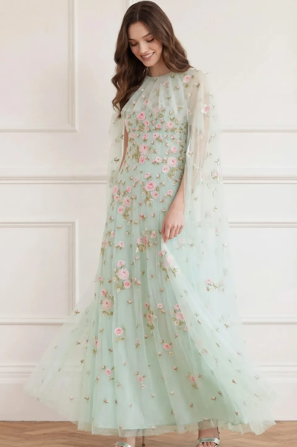Needle & Thread Rose Bloom Cape Gown suknia zielona haft