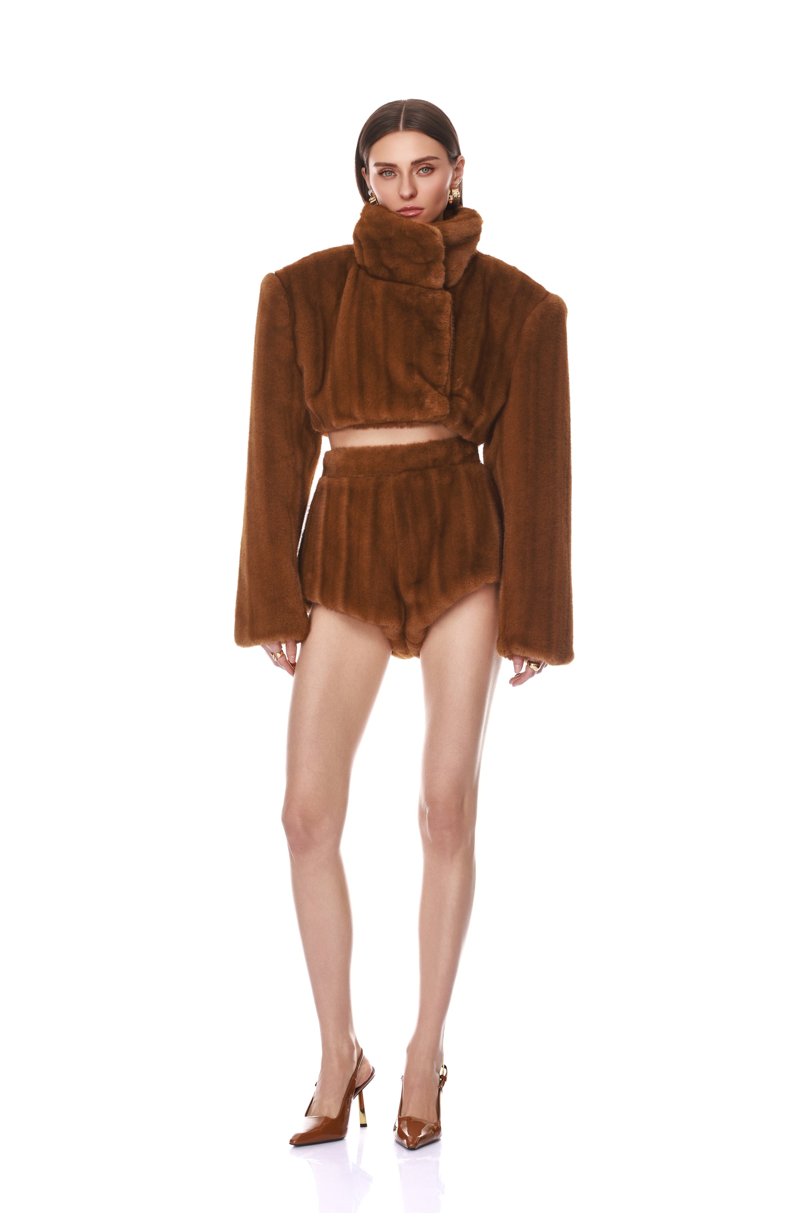 Bronx and Banco Faux Mink kurtka futrzana brązowa cropped