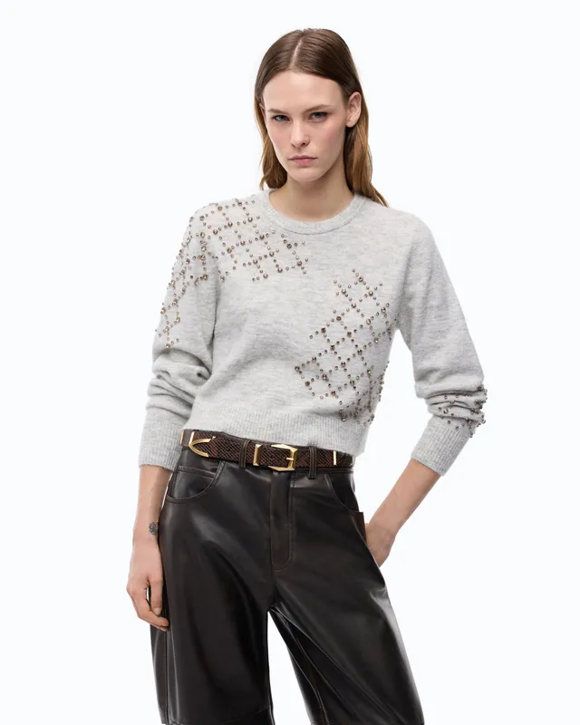 Pinko sweter z wełny i alpaki szary z kryształkami