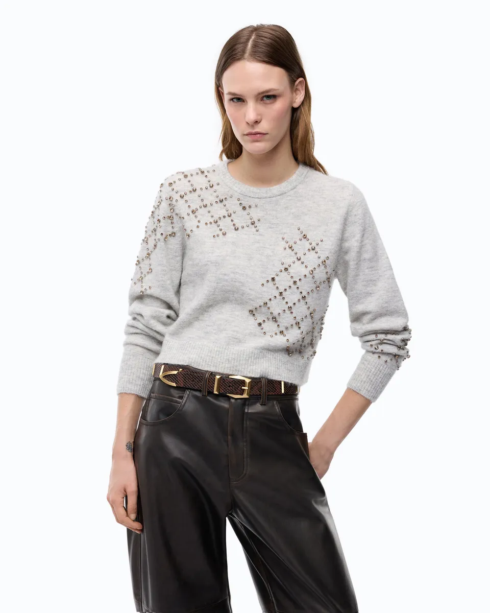 Pinko sweter z wełny i alpaki szary z kryształkami