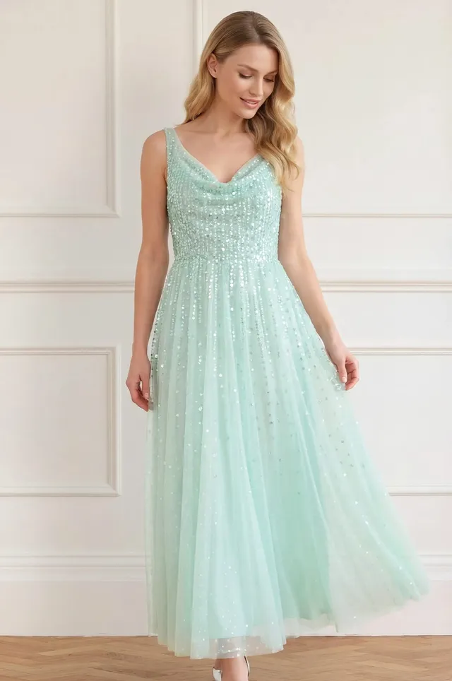 Needle & Thread Moonlight Sequin Cowl Gown sukienka zielona cekinowa