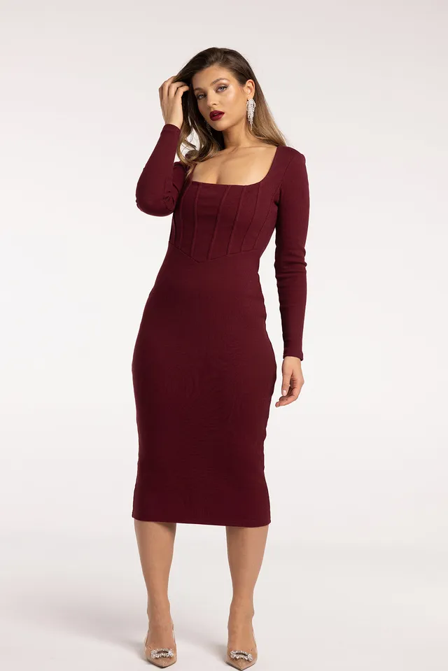 Nudyess Gift sukienka midi prążkowana red wine gorsetowa