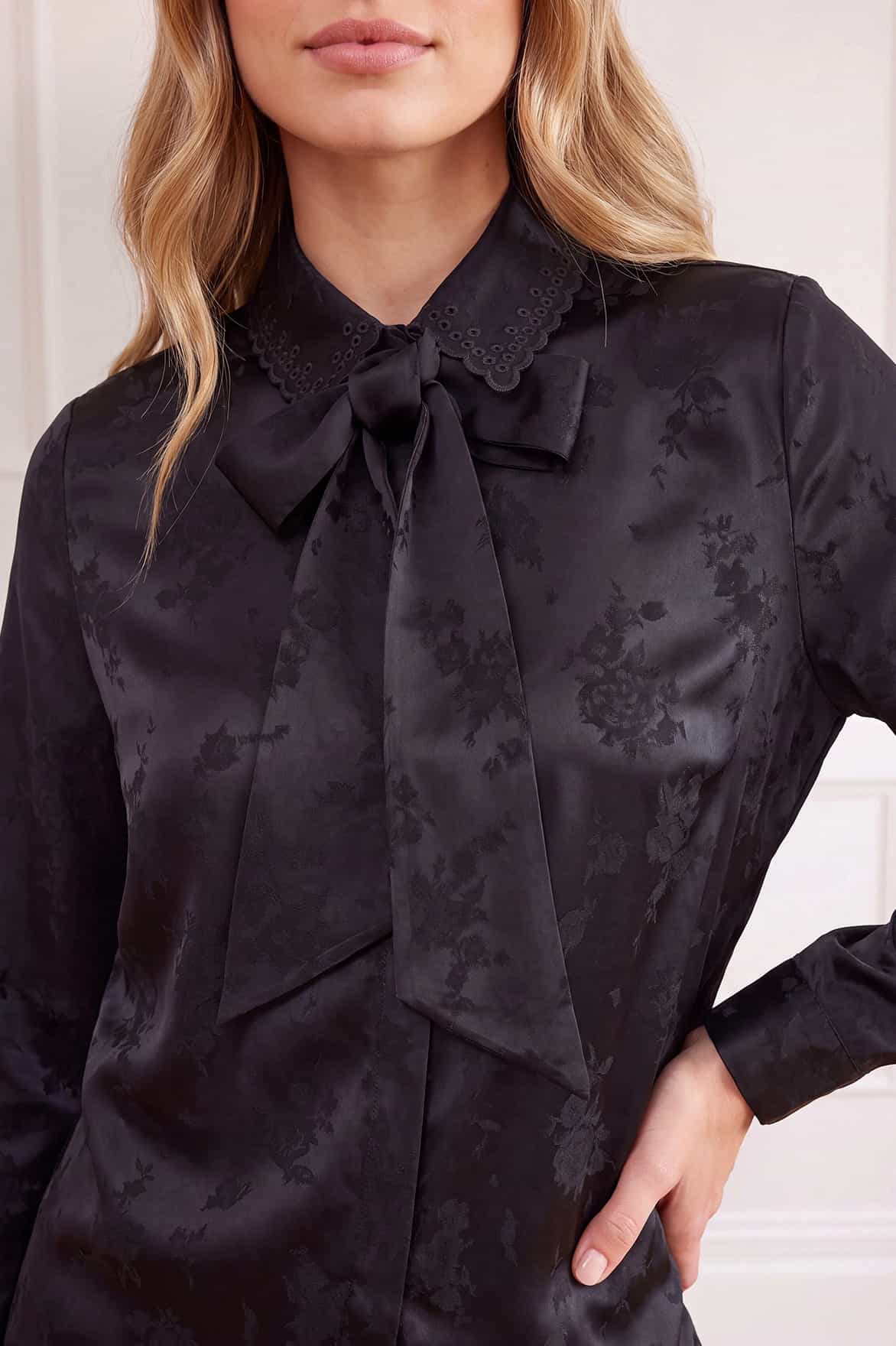 Needle & Thread Jacquard Pussy Bow Shirt koszula czarna żakard