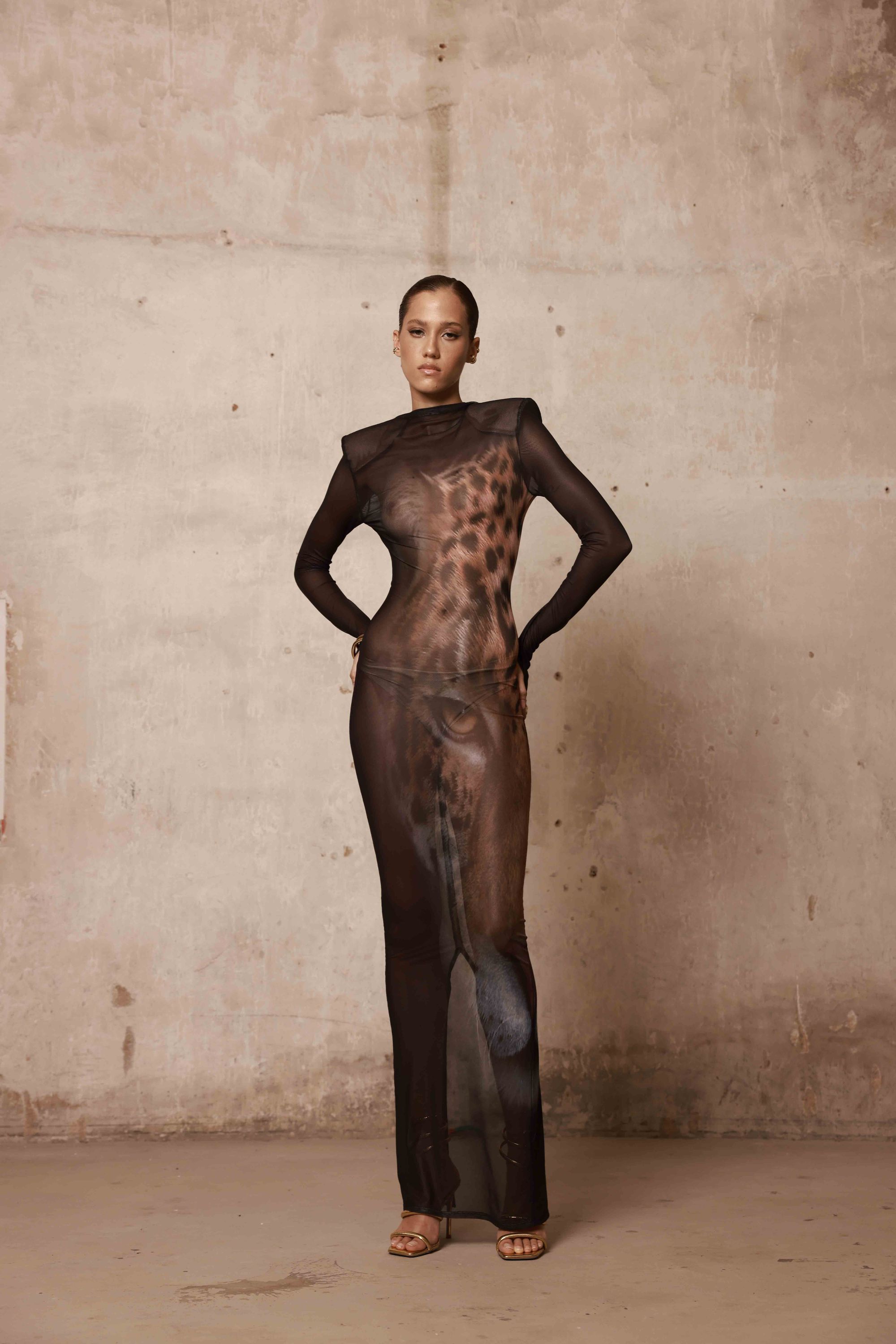 Bronx and Banco Leopard sukienka wieczorowa maxi mesh
