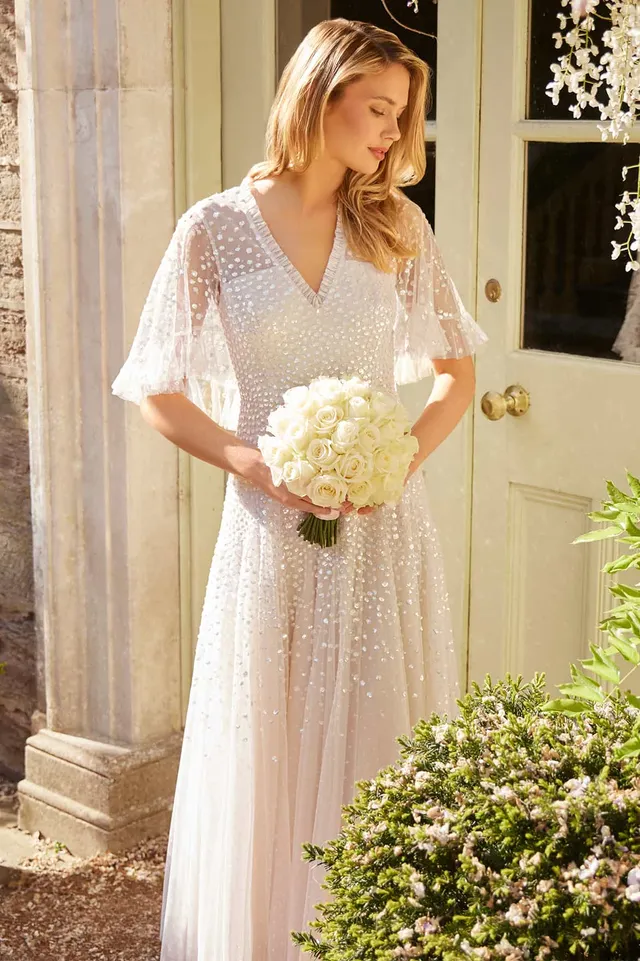 Needle & Thread Dappled Sequin Cape Ankle Gown sukienka Cream cekinowa