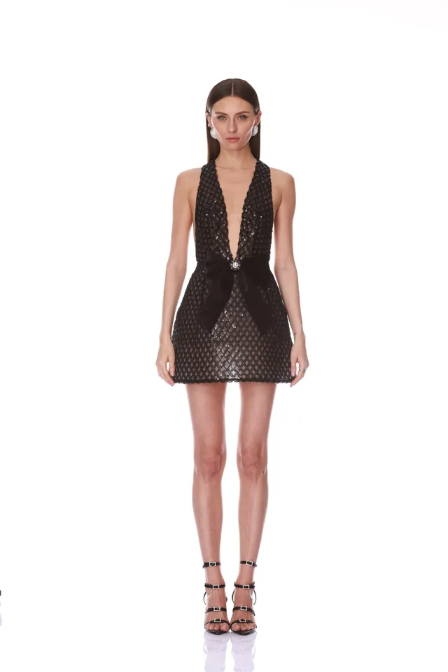 Bronx and Banco Deep V-Neck sukienka mini czarna cekinowa