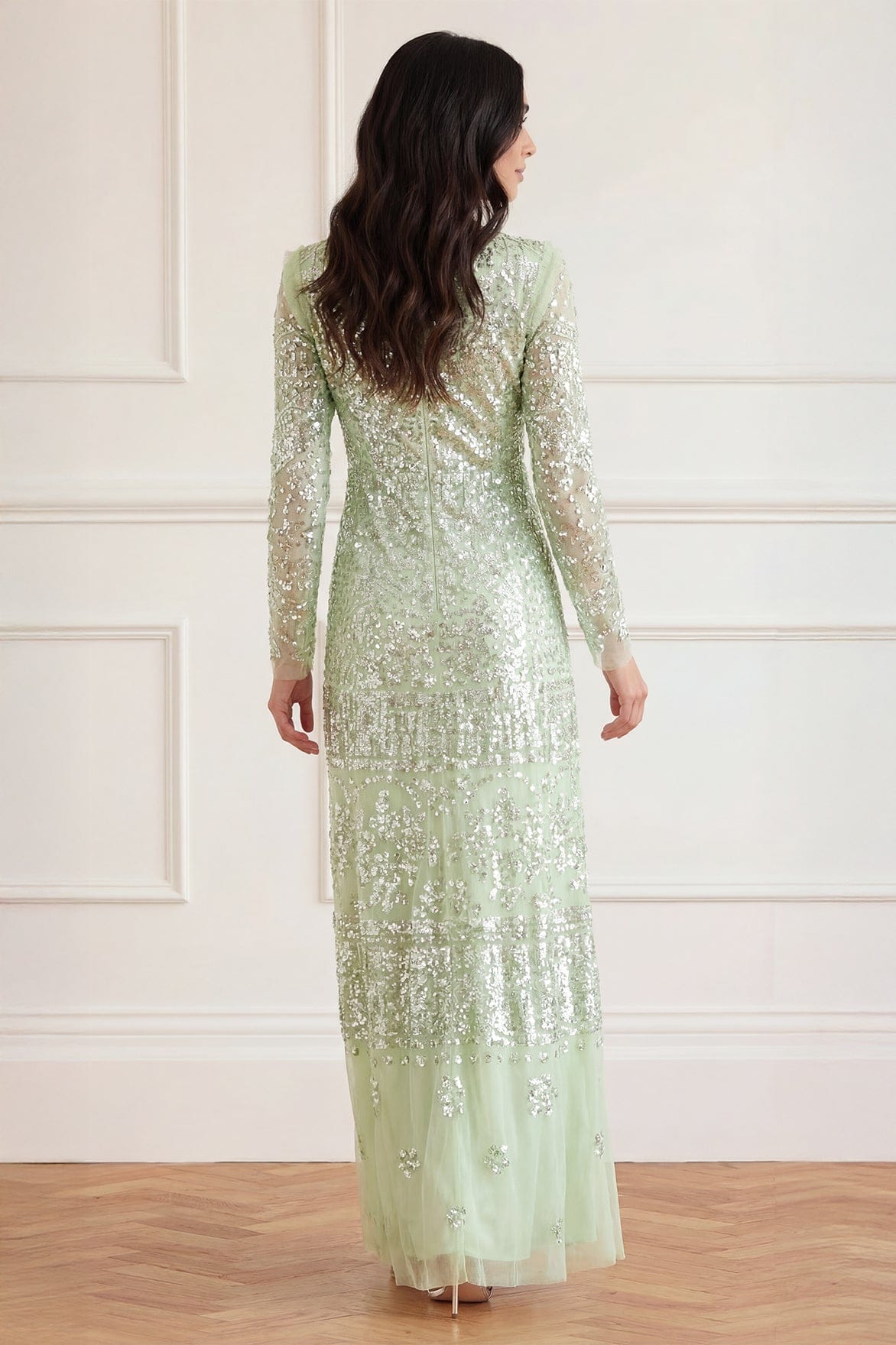 Needle & Thread Aurora Gown suknia zielona cekinowa maxi
