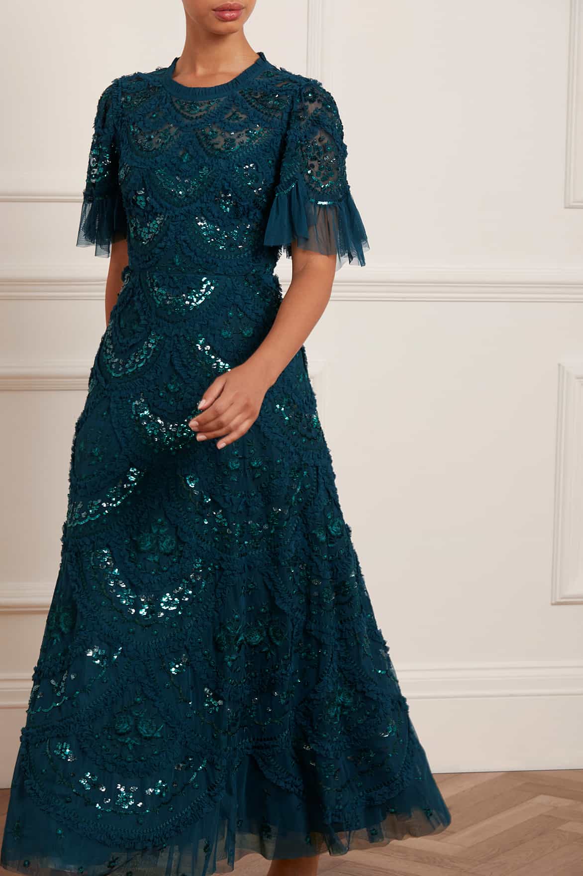Needle & Thread Carmen Ruffle Ankle Gown sukienka zielona