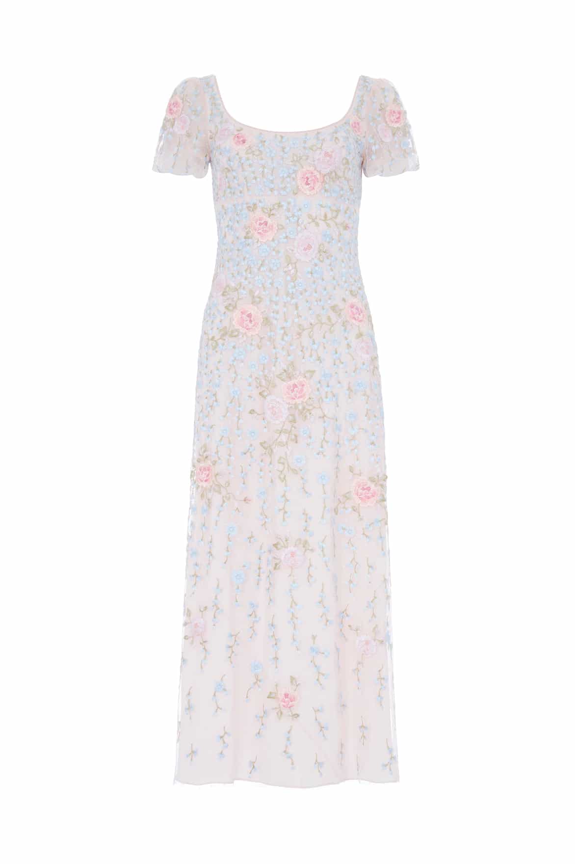 Needle & Thread Cressida Embroidery Puff Sleeve Ankle Gown sukienka róż