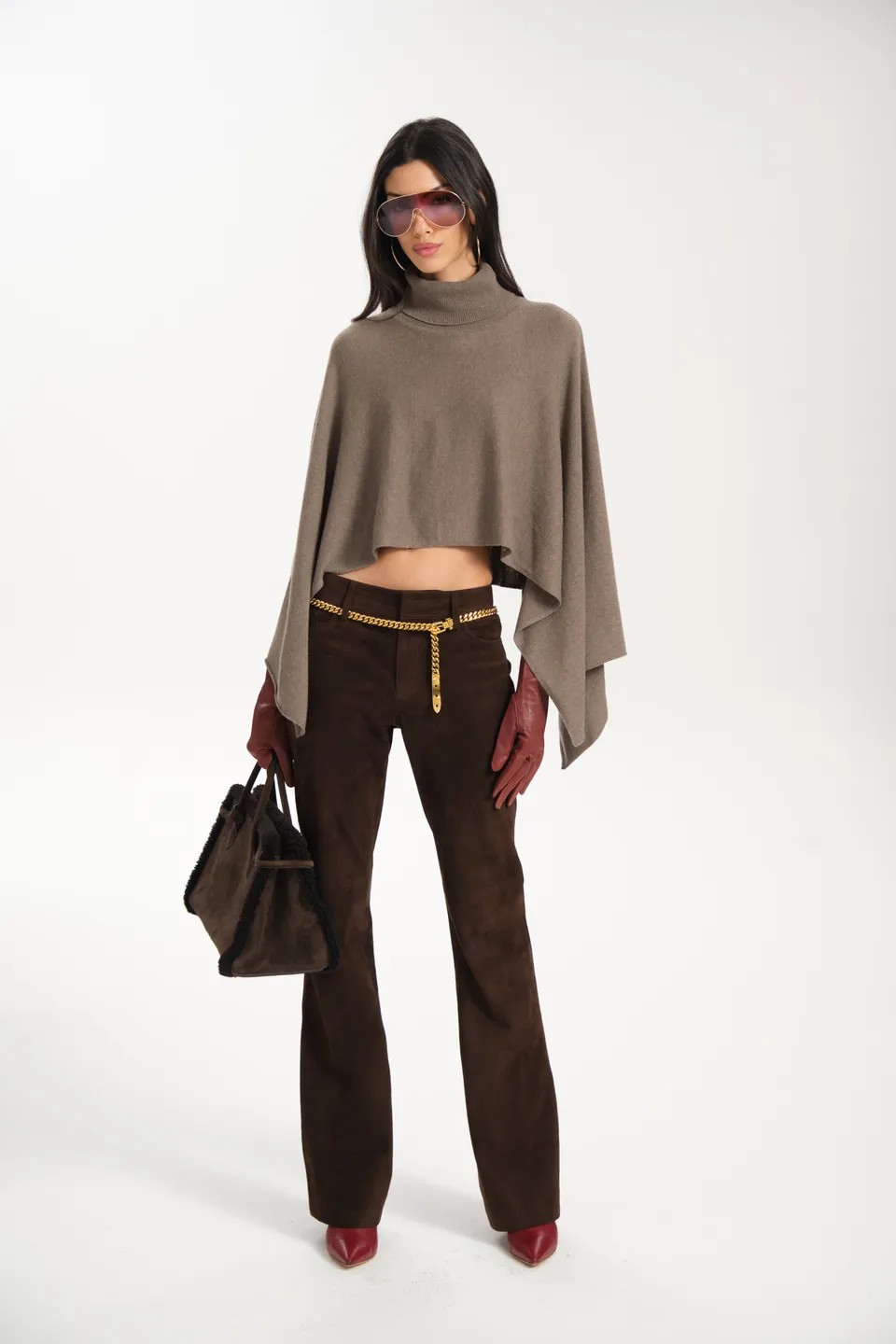 Elie Tahari Kennedy ponczo kaszmirowe golf tobacco