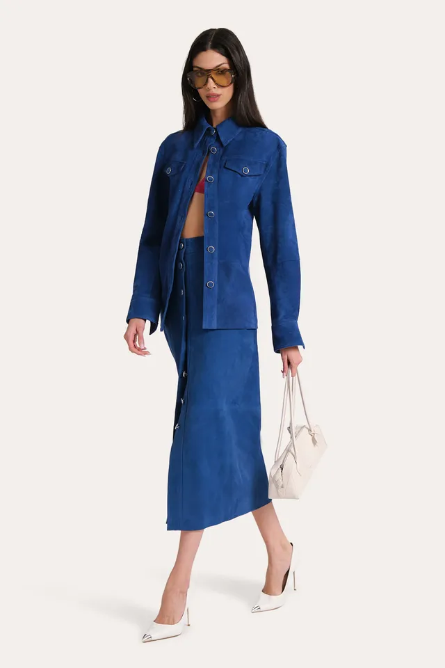 Elie Tahari Althea spódnica midi Azure zamszowa