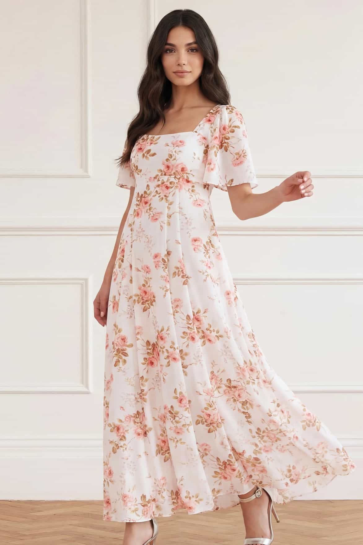 Needle & Thread Summer's Rose Short Sleeve Ankle Gown suknia biała