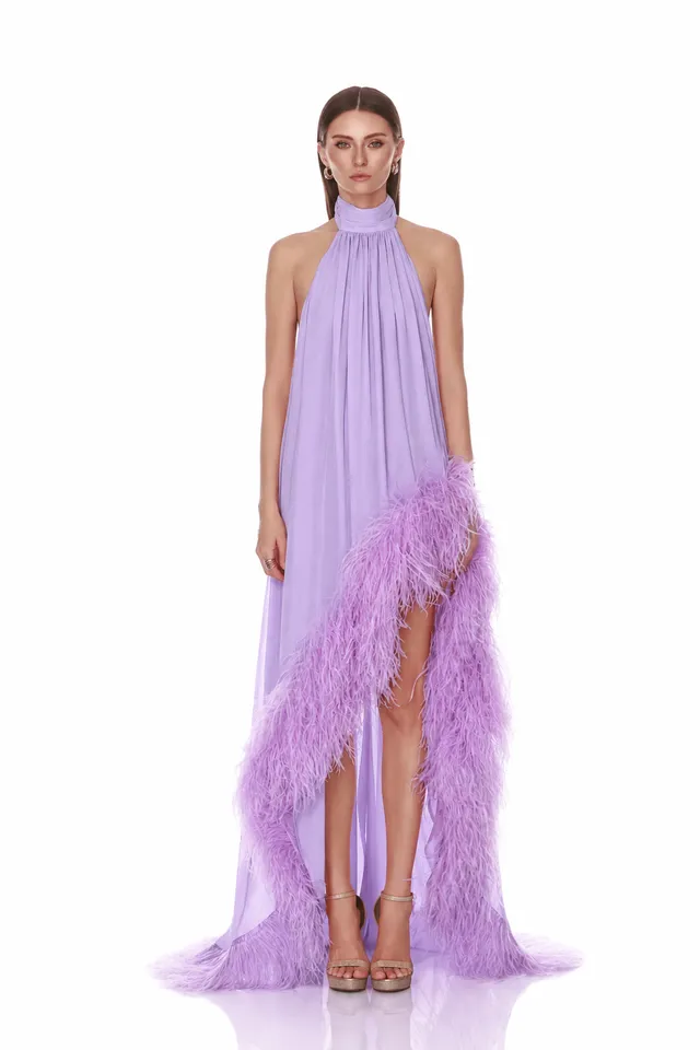 Bronx and Banco Madeline Dark Lilac suknia maxi z piórami