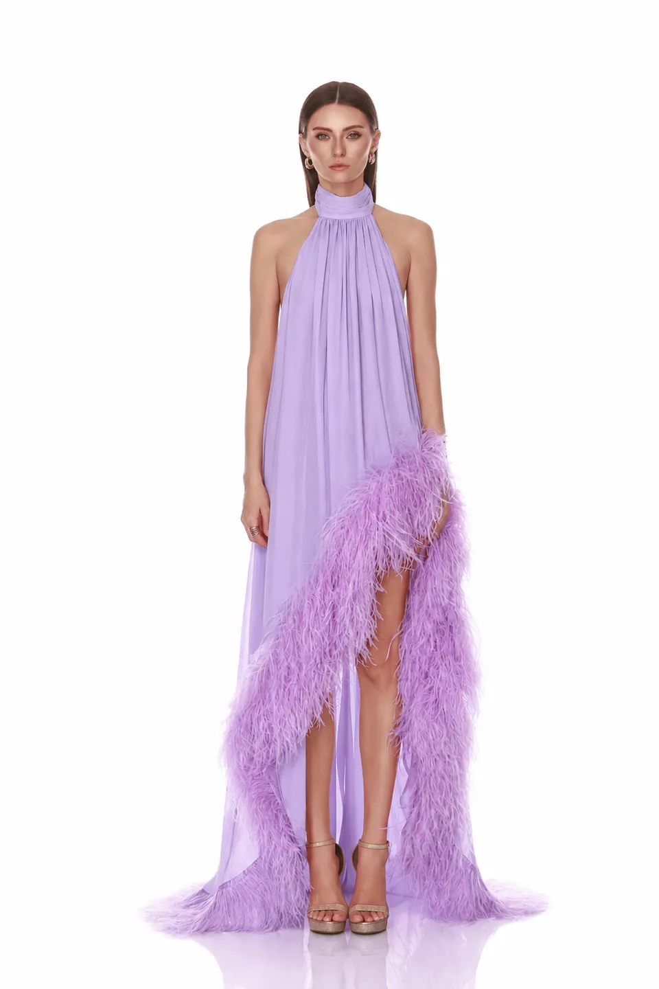 Bronx and Banco Madeline Dark Lilac suknia maxi z piórami
