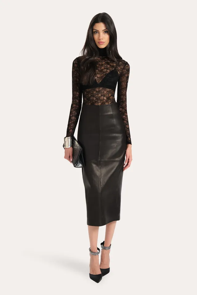 Elie Tahari Brooklyn spódnica skórzana midi black onyx