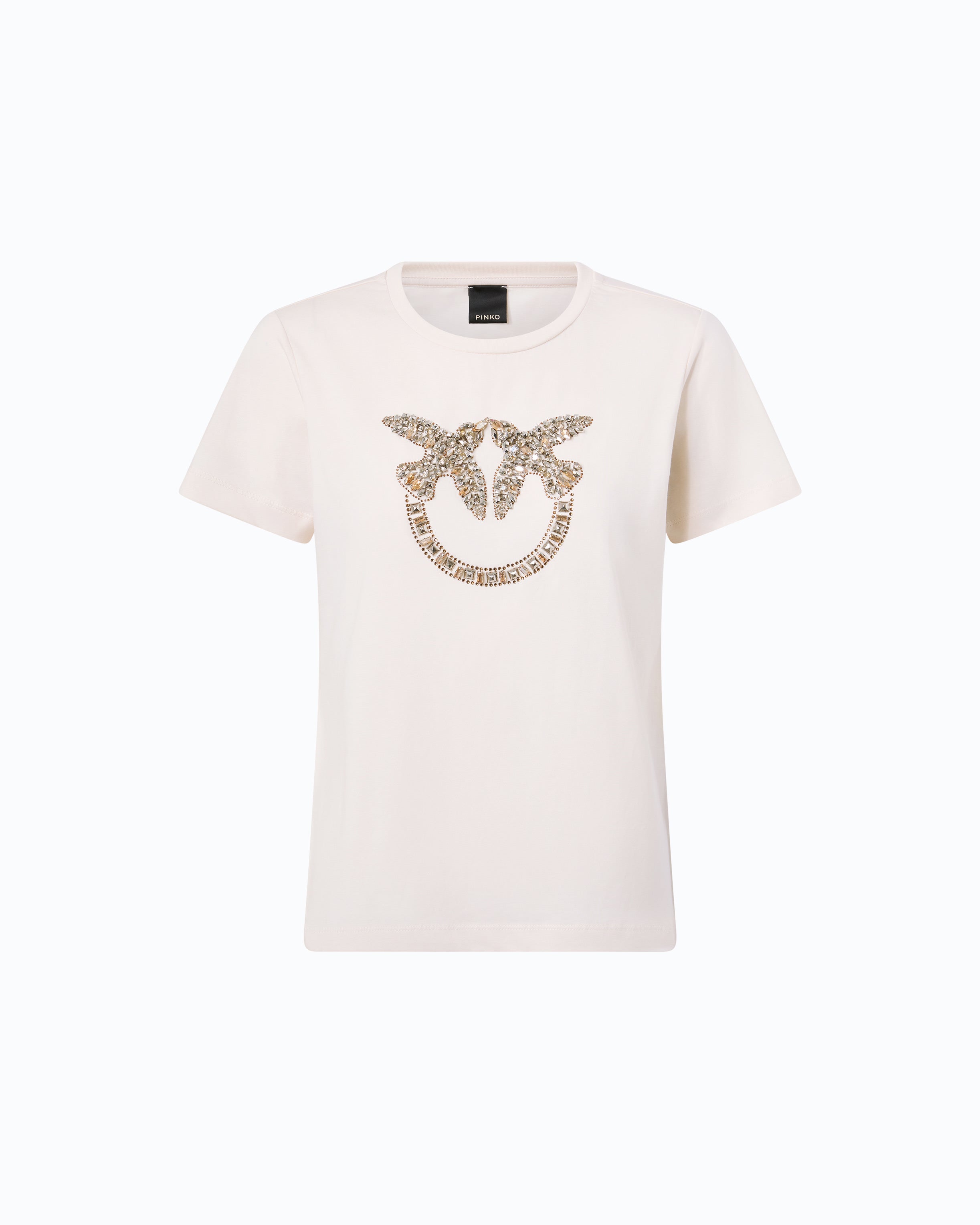 Pinko Love Birds t-shirt bawełniany beżowy kryształki
