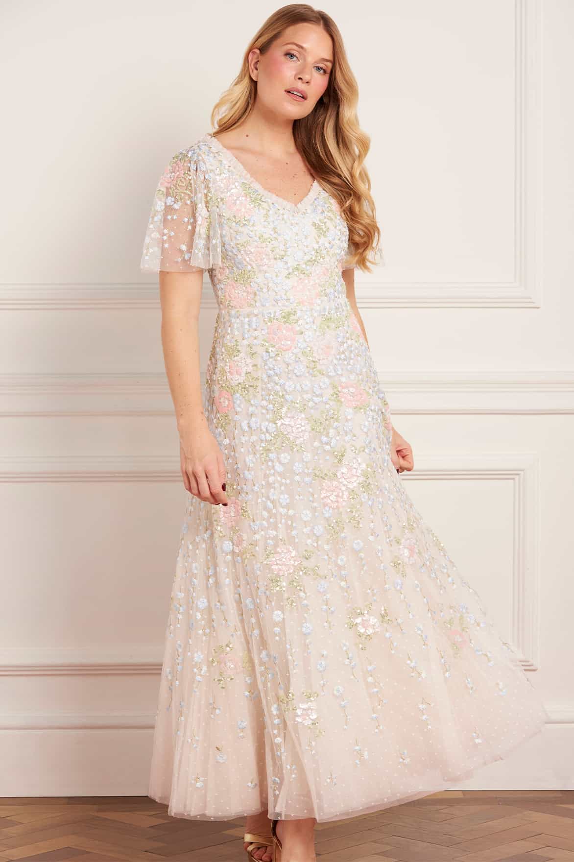 Needle & Thread Cressida Floral Ankle Gown sukienka kremowa tiulowa