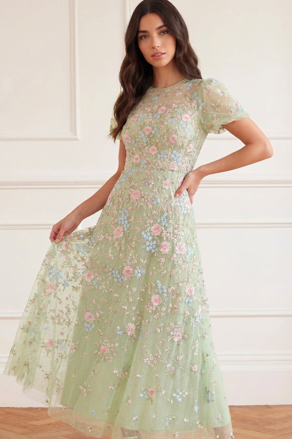 Needle & Thread Peony Bouquet Round Neck Ankle Gown suknia zielona