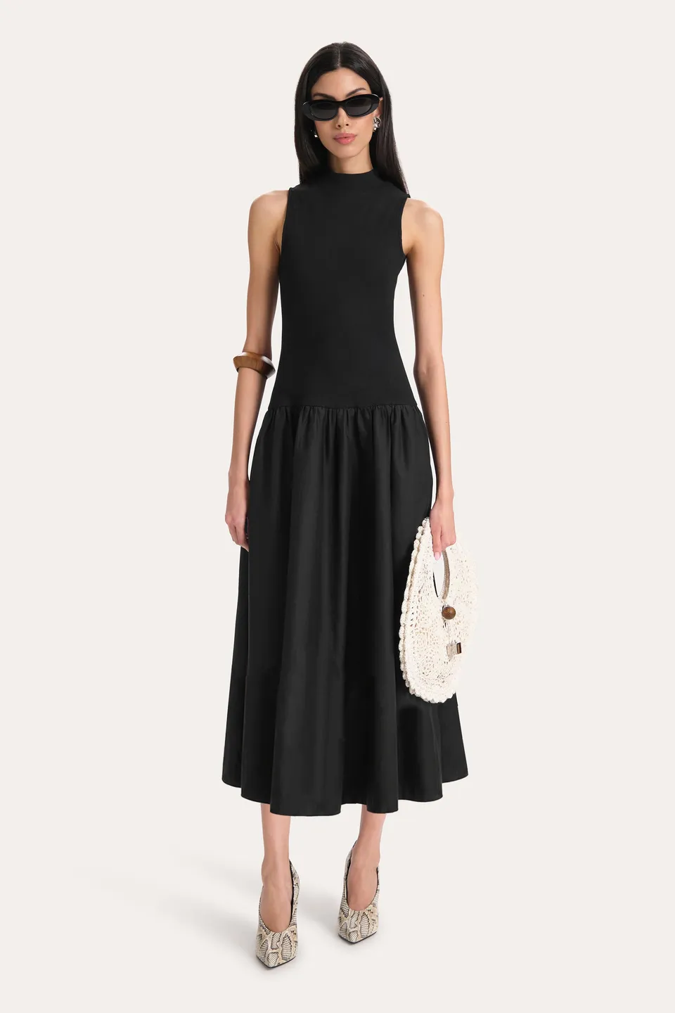 Elie Tahari Esme Cotton Poplin Ribbed sukienka wieczorowa midi czarna