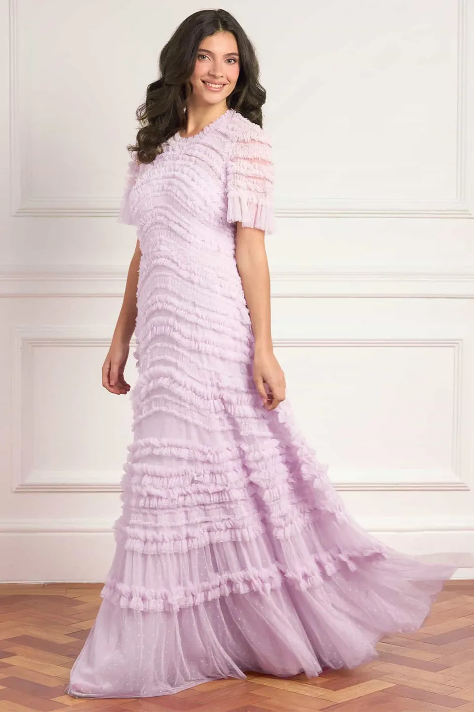 Needle & Thread Amara Round Neck Ruffle suknia liliowa