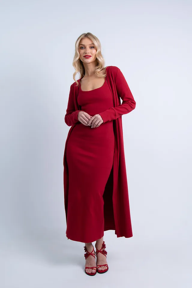 Nudyess Lily kardigan długi Red prążkowany