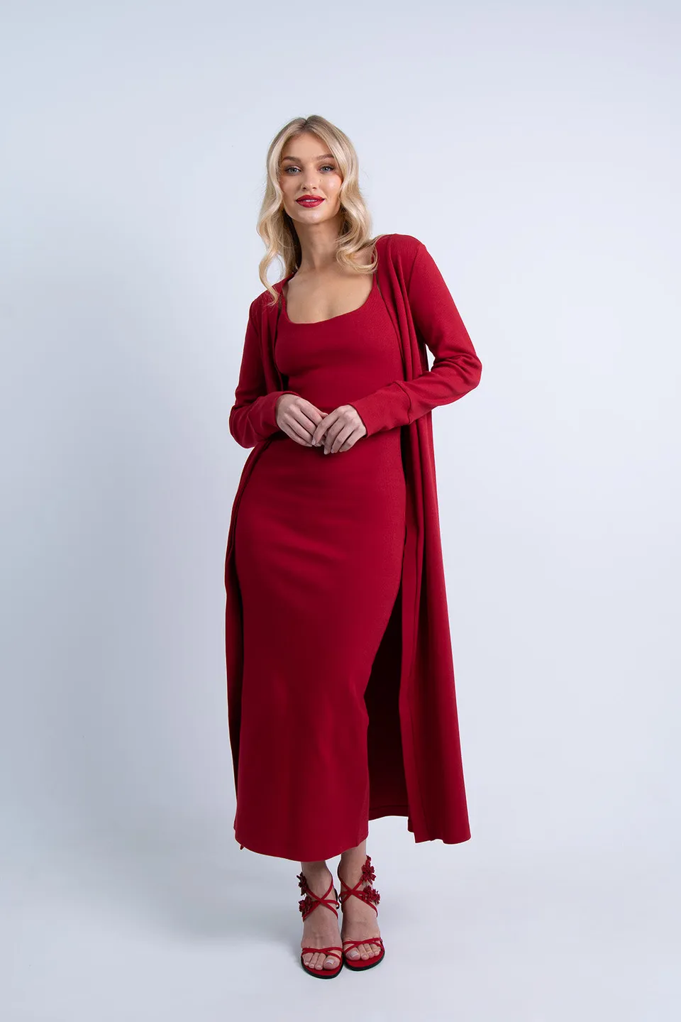 Nudyess Lily kardigan długi Red prążkowany