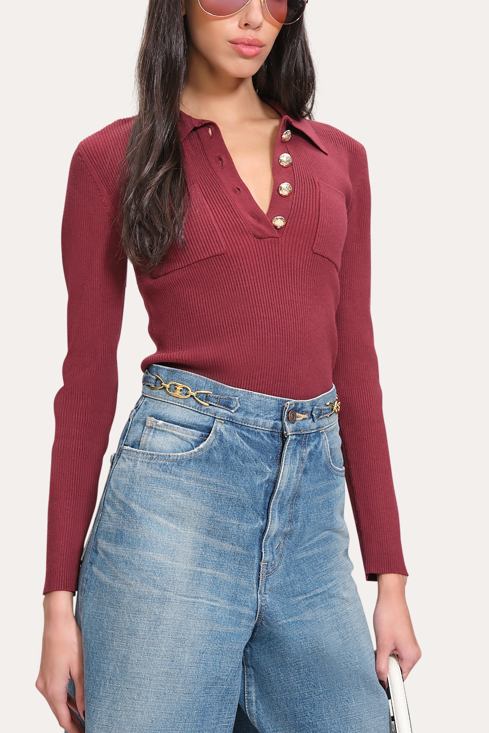 Elie Tahari Classic Knitted sweter polo Mulberry