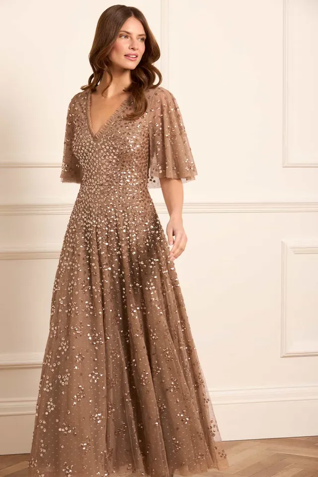 Needle & Thread Leila Dot V-Neck Cape Ankle Gown sukienka brązowa